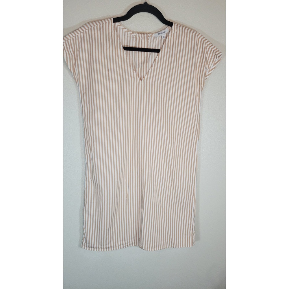 Madewell Women's XXS Striped Shirt Dress Tan White Button Front Cap Sleeve